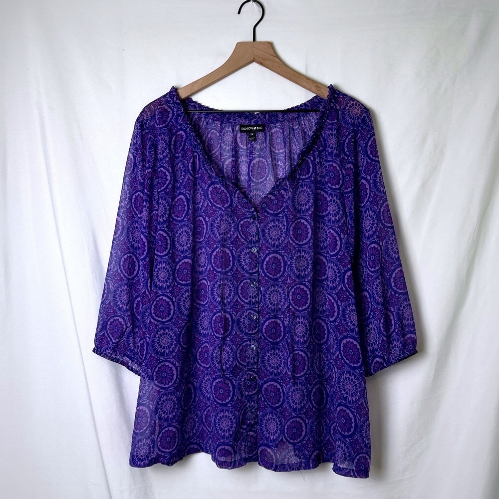 Fashion Bug Womens Sheer Chiffon Blouse  Tunic Top Size 2X Purple Boho Peasant